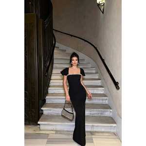 Vestido Midi Negro con Cintura Imperio y Detalles de Piedras, Estilo Línea A de Poliéster para Damas, Talla XL, para Fiesta de Boda, Largo hasta el Suelo, para la Noche - Product Image 5