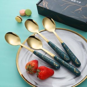 Marble Pattern Stainless Steel Spoon Set Long Handle Durable For Soup And Meals Daily Use - Product Image 2
