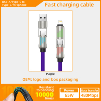 Câble de chargeur 4-en-1 PD 240W avec lumière respirante, 4 pieds, charge rapide 60W pour iPhone, ordinateur, 30W/20W/65W multi-appareils, rotation à 180°