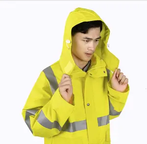 बहुउद्देशीय ऑक्फोर्ड चिंतनशील पीले जलरोधी वर्षा पु लेपित वयस्क शुल्क पुनः प्रयोज्य सुरक्षा वर्षा जैकेट सूट