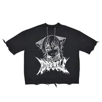 T-shirt à manches courtes et col rond noir, tendance, sportif, avec images de dessins animés, chaîne en métal, grande taille
