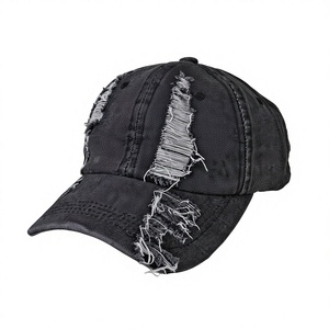 Distressed Black Baseball <b>Cap</b> With Frayed Details And Ripped Texture Design - Product Image 1