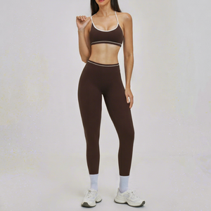 Women's 2 Piece Yoga Set Solid Brown Scoop Neck Spaghetti Strap <b>Crop</b> Top High Waist Full Length <b>Leggings</b> Seamless Contrast Quick - Product Image 1