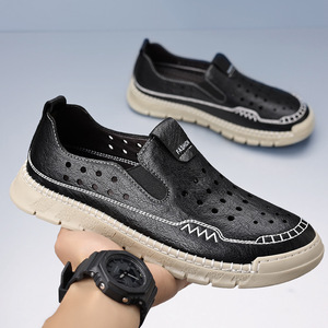 Men's Casual Hollow-Out Slip-On Loafers Soft Leather Breathable <b>Closed</b>-<b>Toe</b> Dad Shoes Walking Style Shoes - Product Image 4