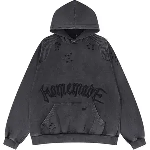 Oti Textile Manufacturers Custom Vintage Hoodie Streetwear Hip Hop Embroidery Ripped Destroyed Distressed Wash Hooded Sweatshirt
