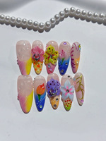Uñas Acrílicas Postizas Hechas a Mano con Flores 3D Coloridas, Uñas Almendradas con Degradado Arcoíris, Decoración con Anillos Metálicos y Dijes de Diamantes de Imitación