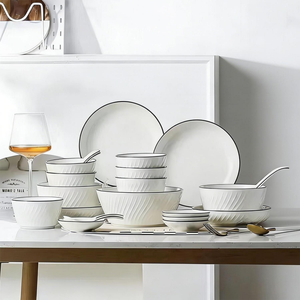 22-Piece Minimalist Embossed Ceramic Dinnerware Set With Black Rim Tableware Set In Stock