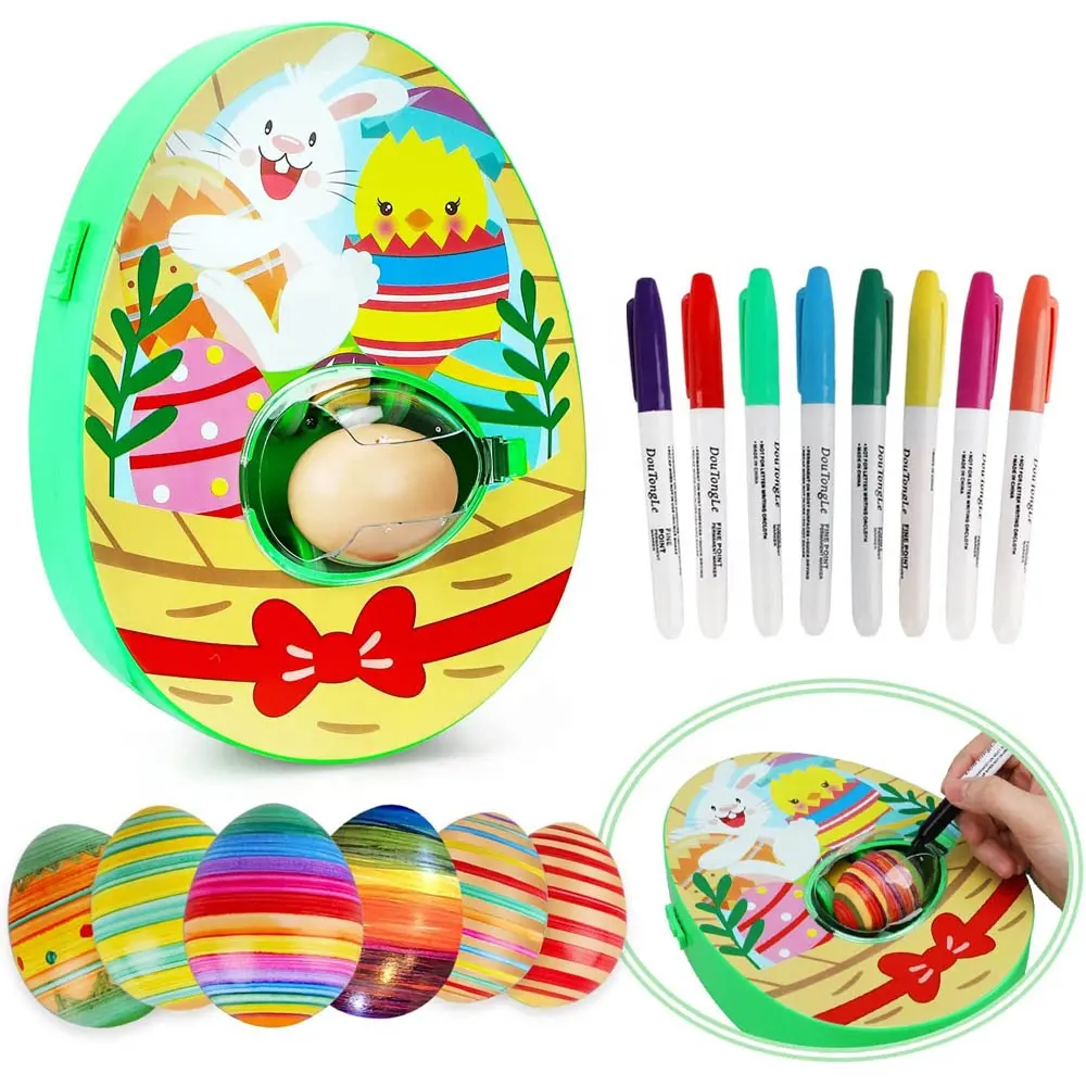 Kids DIY painting Easter egg decorator kits real eggs spinner coloring arts and crafts toy set with 8 water color pen and 2 eggs