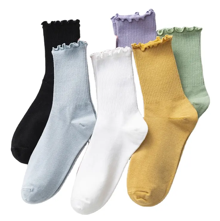 Solid color slouch socks women girl ruffle cotton women ribbed socks