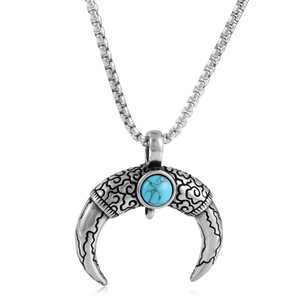 Yunnique – collier avec pendentif en forme de dent d'animal en acier inoxydable, avec pierre turquoise, couleur argent, bijoux à la mode pour hommes, chaîne de 3.0x60cm - Product Image 1