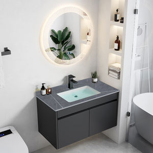 Set Kabinet Penyimpanan Kamar Mandi Aluminium Anti Air dengan Lapisan Hitam Modern, Cermin LED, Wastafel Keramik, dan Rak Lantai untuk Hotel - Product Image 2