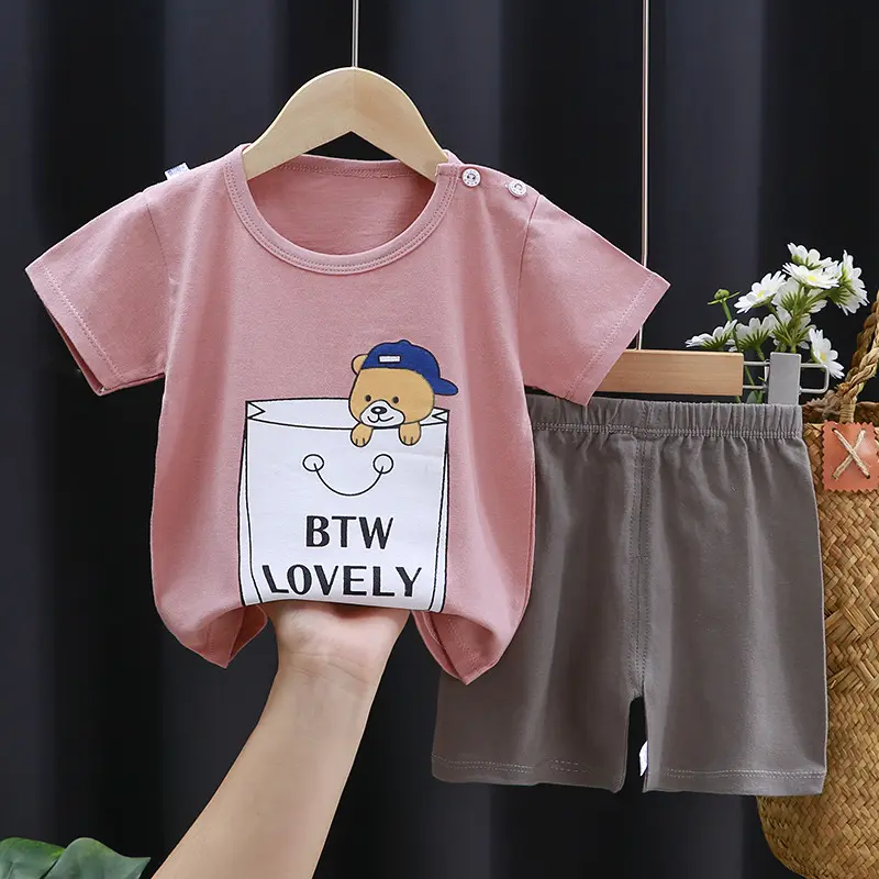 New Arrival Cotton Custom Cartoon Print Home Wear Kids Clothing Plain Children's Jogging Suit Baby Boys And Girls Summer Suit