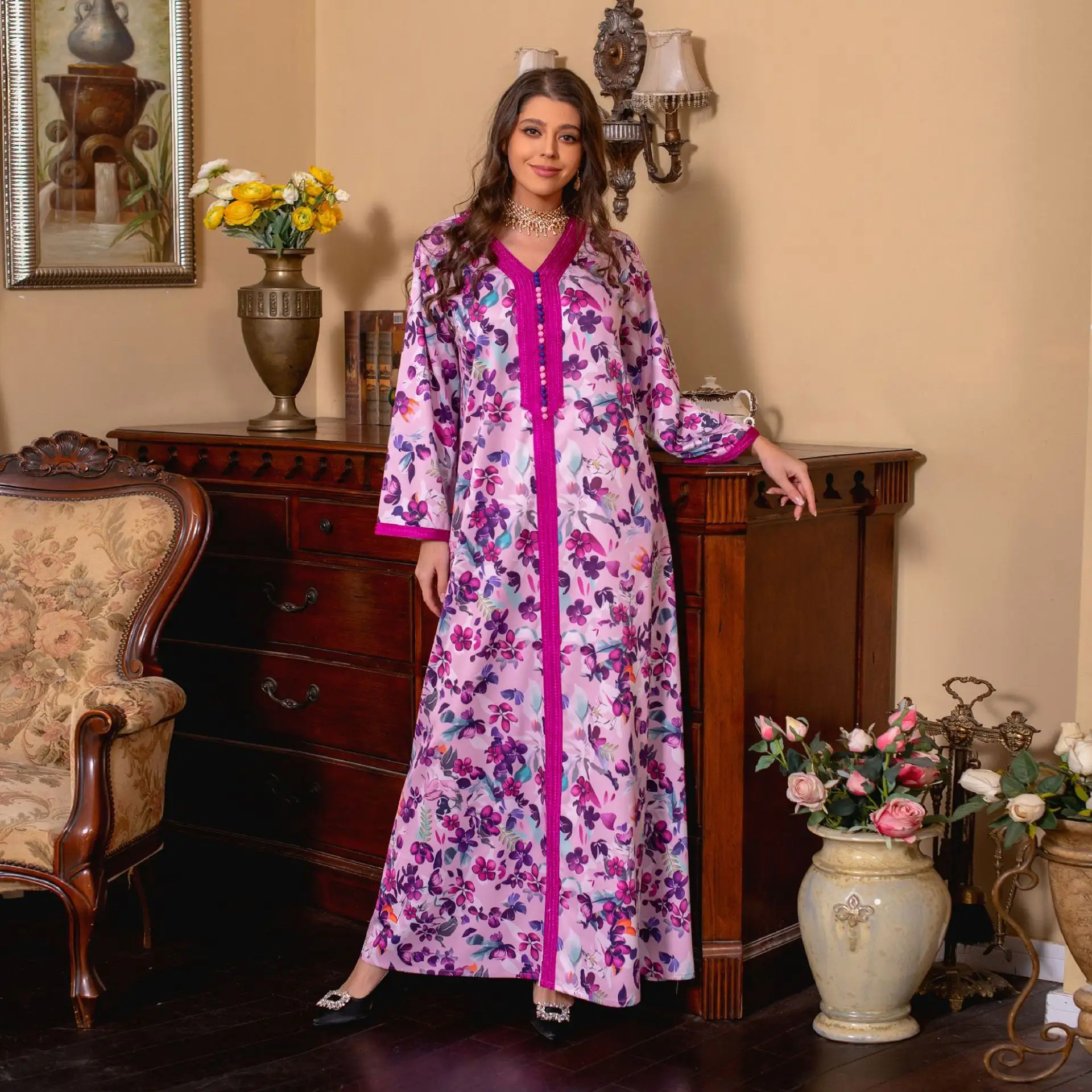 AB281 New Muslim Women Long Sleeve Front Open Dress Robe Dubai Fancy Pink Flower Print Clothing Dress Abaya Embroidery Kaftan