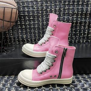 Yuvarlak ayak sokak yüksek üst kurulu <span class=keywords><strong>Sneakers</strong></span> siyah deri rahat kadın ayak bileği kış ayakkabı kadınlar Zip Lace up motosiklet çizmeler - Product Image 3