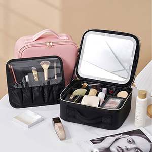 Sacs à cosmétiques professionnels portables de grande taille en PU avec miroir LED, boîte de rangement de maquillage à la mode, fermeture à glissière - Product Image 3