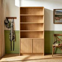 Bibliothèque en bois de chêne massif à 2 portes, étagères ouvertes, sans poignées, style nordique minimaliste, pour salon, bureau à domicile