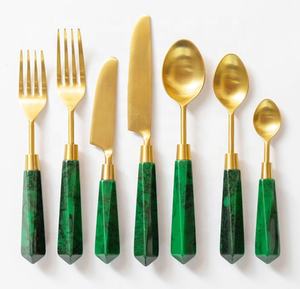Stainless Steel Gold <b>Flatware</b> <b>Set</b> with Green Handle Eco-Friendly 5 and 7 Piece Place Setting for Wedding Parties and Events Bulk - Product Image 1