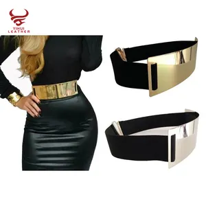 Schlussverkauf Designer golden elastische Stärke dünne Körpertaille Gürtel für Damen Gold Marke Metallspiegel elastischer Damenkleid Gürtel