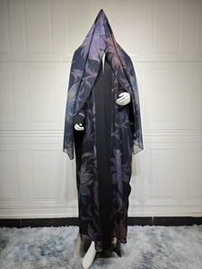 2026 Novo Cardigã Abaya Feminino de Poliéster com Estampa Floral e Cores Contrastantes, Estilo Kimono Indonésio, Camada Dupla, Decote em V, com Conjunto de Hijab Combinando - Product Image 5
