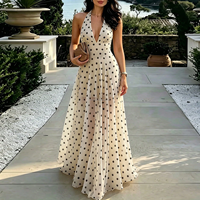 Robe longue OEM personnalisée à pois français, col halter, décolleté plongeant, dos nu, en mousseline, coupe trapèze, élégante, pour l'été, la plage et les vacances féminines