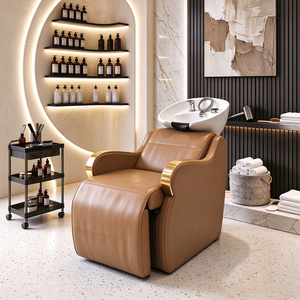 Chaise de lavage professionnelle de style moderne pour salon de coiffure avec bac en céramique et repose-pieds réglable – Bac et chaise de lavage pour barbier - Product Image 1