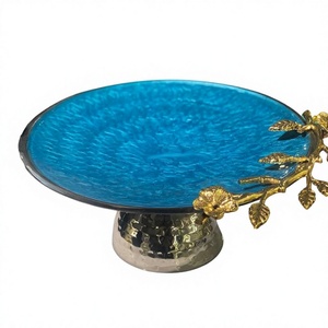 Suministros de Decoración para Pasteles de Aluminio con Diseño de Hojas y Flores Doradas en Color Azul Esmaltado, Forma Redonda, Exclusivo, Clásico, Mejor Precio - Product Image 1