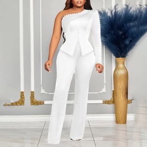 Ensemble deux pièces pour femmes, épaules dénudées, orné de perles, taille plus, couleur noire unie, costume décontracté, style Europe, Amérique, Afrique, tailles S, M, L, XL, XXL, XXXL - Product Image 3