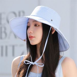 Sombrero de Pescador a Cuadros Estilo Coreano para Mujer, con Ala Ancha y Cordones, para Montañismo, Viajes de Verano y Protección Solar - Product Image 5