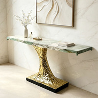 Table console moderne de luxe extensible en marbre et métal avec base en tronc d'arbre doré pour salle à manger et salon