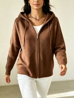 Nouvelle Collection Automne/Hiver 2026 – Cardigan en Maille Décontracté à Capuche Zippé Couleur Unie pour Femme, 100% Polyester