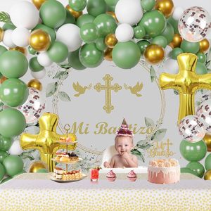 定制洗礼派对气球拱门装饰套件，包括绿色和金色乳胶气球、金色十字箔气球，用于派对装饰 - Product Image 2