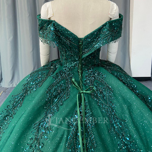 Lsany302 Royal Emerald Green Damask Scroll Rhinestone Beaded Bodice Glitter <b>Ball</b> <b>Gown</b> Quinceanera Dress Jancember - Product Image 5