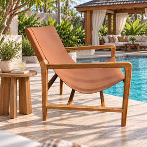 Modern Teak <b>Garden</b> <b>Chair</b> With Tapered Legs Beige Sling Seat Outdoor Furniture Manual <b>Recliner</b> Comfortable Design - Product Image 1