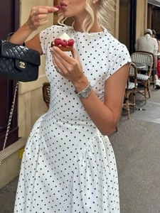 Abito lungo elegante da donna all'ingrosso, modello A-Line con vita impero, stampa a <span class=keywords><strong>pois</strong></span> personalizzata, scollo rotondo, bianco, per l'ufficio - Product Image 2