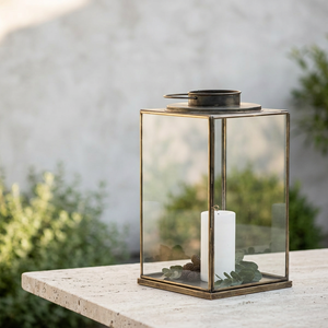 Wholesale <b>Brass</b> Antique Thin Metal Framed Glass Candle <b>Lantern</b> for Home and Patio Decoration - Product Image 1