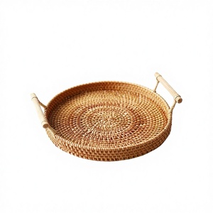 Round Rattan Serving <b>Tray</b> with Bamboo Handles Natural Finish Decorative <b>Basket</b> for Home Use - Product Image 2