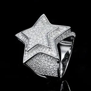 定制奢华设计925纯银戒指VVS Moissanite嘻哈冰出星戒指真14k金男士星戒指
