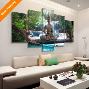 Cuadro de Buda decorativo hecho a medida, cuadro de 5 piezas, decoración para sala de estar, paisaje moderno, cascada, árbol Zen, arte de pared