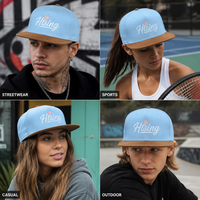 Casquette de baseball personnalisée bleu ciel à visière plate, 6 panneaux, snapback, visière en daim brodée de fleurs, chapeau ajustable, vente en gros, OEM, faible MOQ