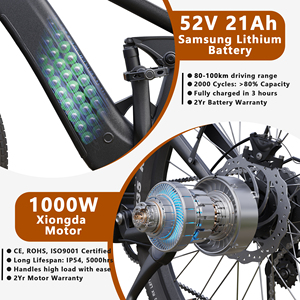 Bicicleta Eléctrica de Montaña de 52V21Ah con Suspensión Completa, 1000W, 27.5 Pulgadas, Hidráulica, para Deportes, V1, 1000W, V1 M - Product Image 2