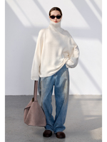 100% Reiner Kaschmir Rollkragenpullover Knitterfrei Minimalistischer Pullover Damen Oversize Fallende Schulter Reguläre Ärmel Gerippte Manschette Saum