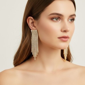 Pendientes colgantes con borlas de acero inoxidable con diamantes completos para mujer, joyería de fiesta, diseño geométrico, engaste en canal TE60714 - Product Image 2