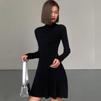 Robe de soirée trapèze à manches longues et col rond pour femme, taille naturelle, motif uni, respirante, décontractée, été, automne, hiver