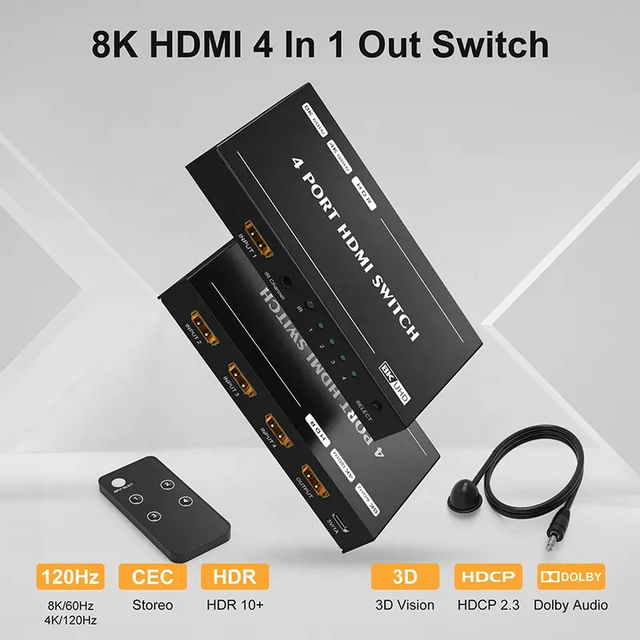 Xput 4-Port 4X1 HDMI Switch Splitter, 48Gbps HDMI 2.1, 8K 60Hz 4K 120Hz UHD HDR 3D, With Remote Control