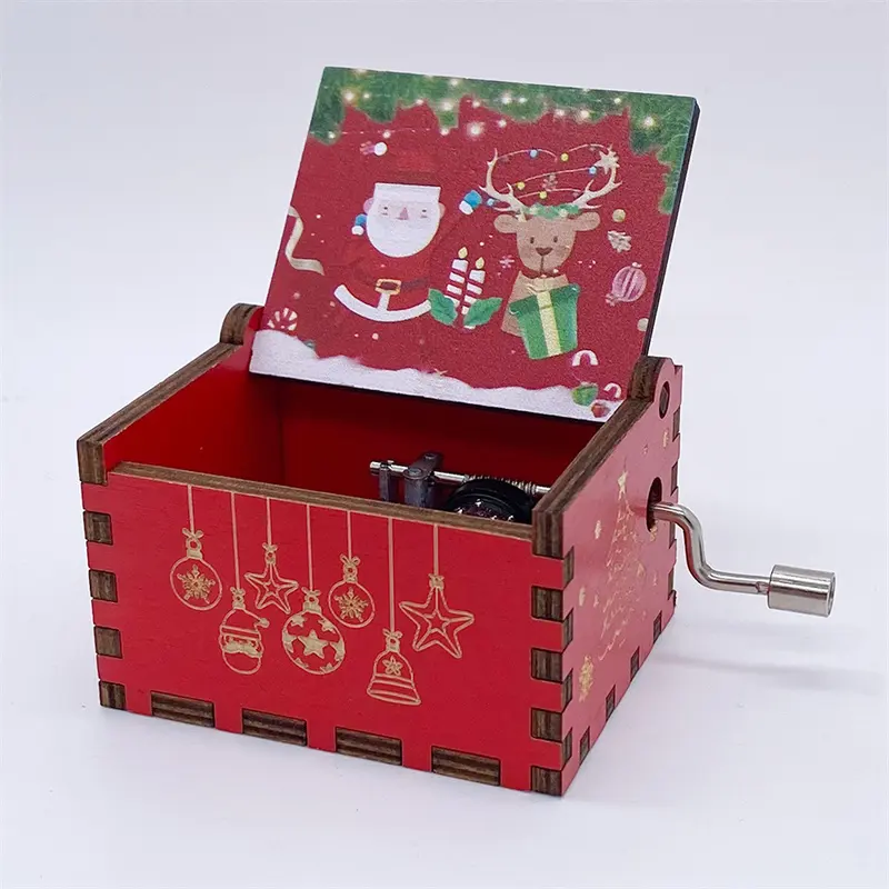 新しいデザインのクリスマスパターンホットセールカスタムミニハンドクランクレーザー刻印ハンドクランク木製オルゴール