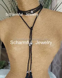 N00429 Organic Elegance Black Beads Long Stone Crystal Bead Tassel Leather Lariat Long Necklace For Women