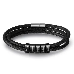 Bijoux personnalisés 2-5 perles Bracelet noir multicouche en cuir bijoux de mode Bracelets pour hommes