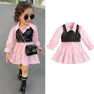 Conyson Wholesale Spring Fashion PU Leather Vest Long Ruffle Sleeve Pink Long Sleeve Baby Girls Flower Dress