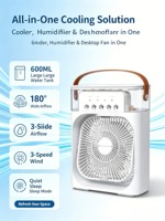 Ventilateur de bureau USB portable, humidificateur à brume 600 ml, purificateur d'air, 3 vitesses, angle large 180°, minuterie, veilleuse pour camping-car et bureau