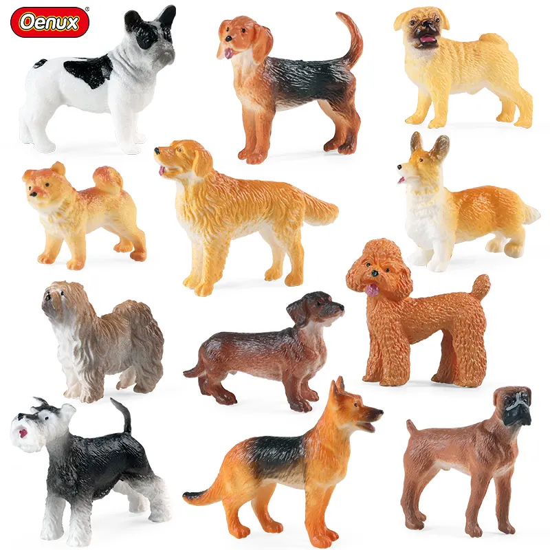 Oenux Wholesale Simulation 12PCS Miniature Animals Figurines Dogs Model Set Cake Toppers Home Decoration Kids Education Toy